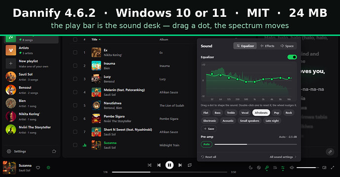 the play bar is the sound desk — the equalizer over a live spectrum