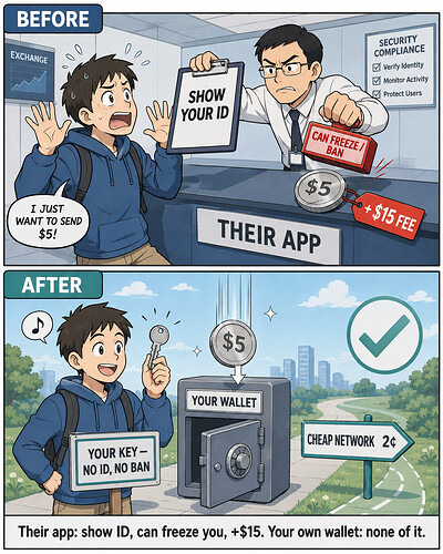 Their app: show your ID, can freeze you, +$15 fee — your own wallet: none of it, and the cheap network makes the fee 2 cents