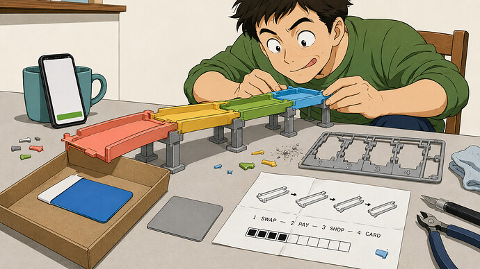 A four-section track clicked together on a kitchen table with a gift card arriving in the tray at the end