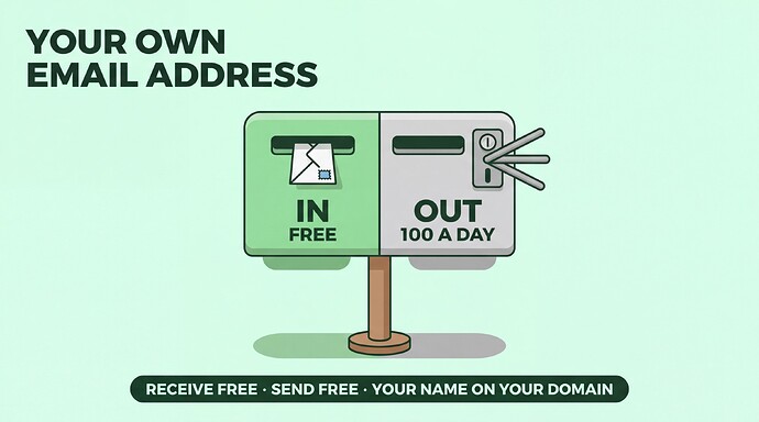 A mail box split in two halves: the green IN slot marked FREE, the grey OUT slot marked 100 A DAY β your own email address, receive free, send free, your name on your domain
