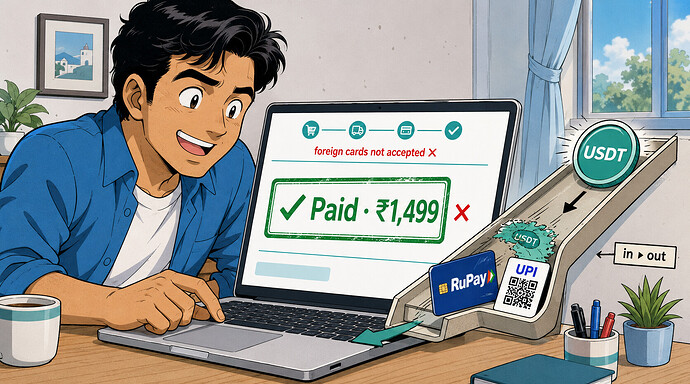 Crypto in — an Indian card or UPI that clears where foreign cards are refused
