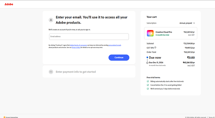 Adobe cart showing 0.00 due now