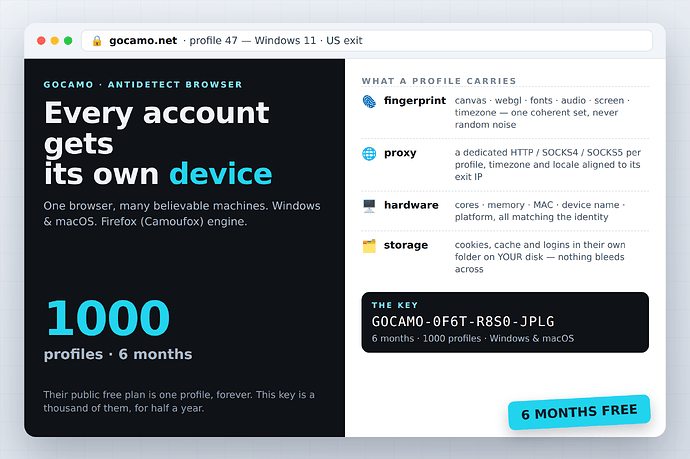 GoCamo: 1000 isolated profiles, six months