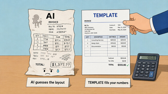 AI guesses the layout, a template fills your numbers — use a template for invoices