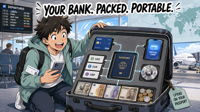 Your bank, packed and portable — accounts that open on your passport