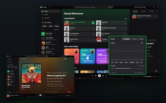 Dannify: Home with the Sound panel open, and Now Playing with lyrics in time
