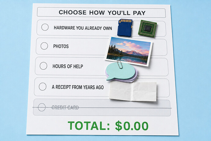 choose how you'll pay: hardware, photos, hours, an old receipt - credit card struck through, total $0.00