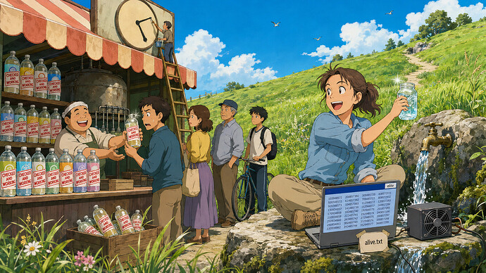 Roadside stall selling bottles stamped checked and working, all filled from one tank, while a woman taps the spring herself