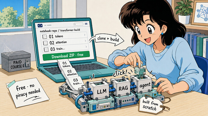 Build it yourself, free — open notebooks over a pirated course