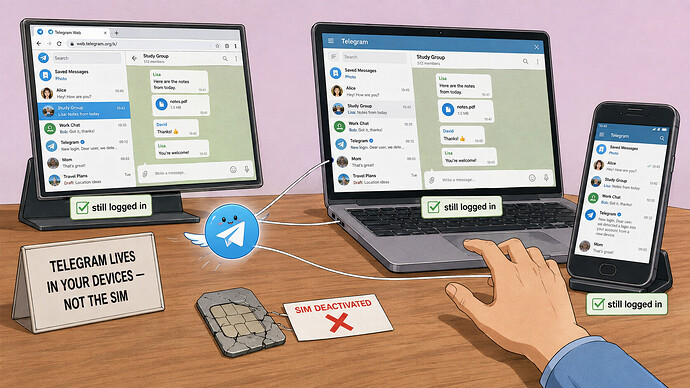 Telegram lives in your devices, not the SIM — a dead SIM doesn't kill the account