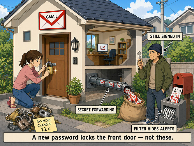 Why 11 password resets failed: the hidden forwarding, session & filter footholds a new password can't touch