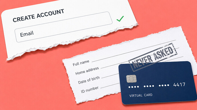 a signup form torn off after the email field, the unasked questions stamped NEVER ASKED, and the card issued anyway