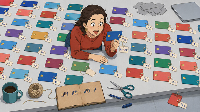 Dozens of prepaid cards laid out with price tags tied to them, one card lifted with a second tag reading refund