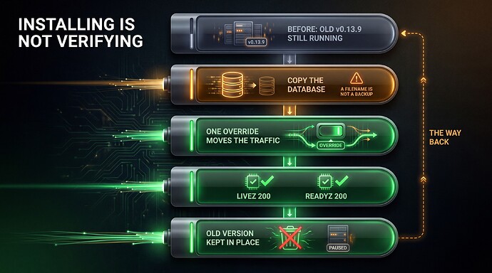 The whole upgrade, in five glowing stages: before old v0.13.9 still running, copy the database (a filename is not a backup), one override moves the traffic, livez 200 readyz 200, old version kept in place, and a dashed amber line labelled the way back