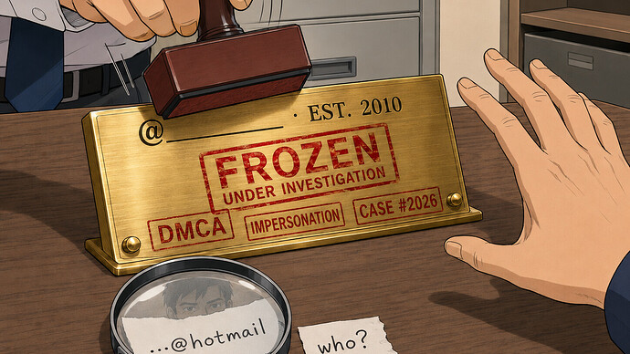 stolen @handle stamped FROZEN, DMCA, CASE# — and traced