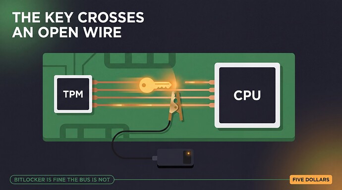 A board-level view: the TPM chip on the left, the CPU on the right, four copper traces between them, a glowing golden key travelling along the traces and a brass probe clip biting the wire β the key crosses an open wire, BitLocker is fine the bus is not, five dollars