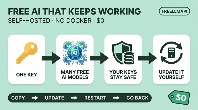 One key opens many free AI models Β· your keys stay safe Β· copy, update, restart, go back