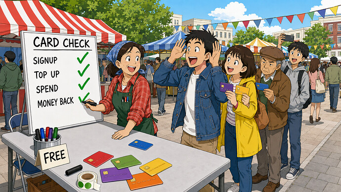 A free card-check stall at a street fair ticking off a payment card while a queue waits with theirs