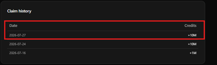 My claim history: +10M Jul 27, +10M Jul 24, +1M Jul 16