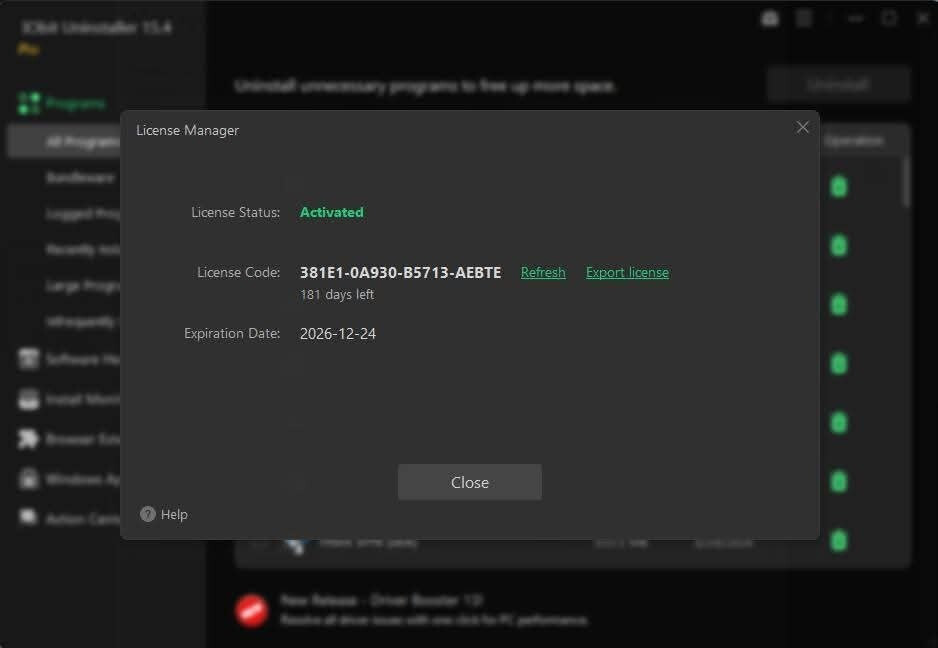IObit Uninstaller 15 PRO License Manager showing License Status Activated